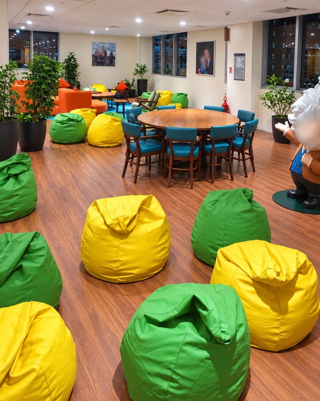 Office lounge setup — completed S.H. Bean Bags event, AI-refined image